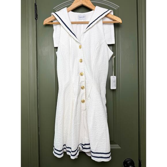 SAYLOR Pants - NWT Saylor Brooklynn Seersucker Sailor Romper Nautical Resort White Navy Small